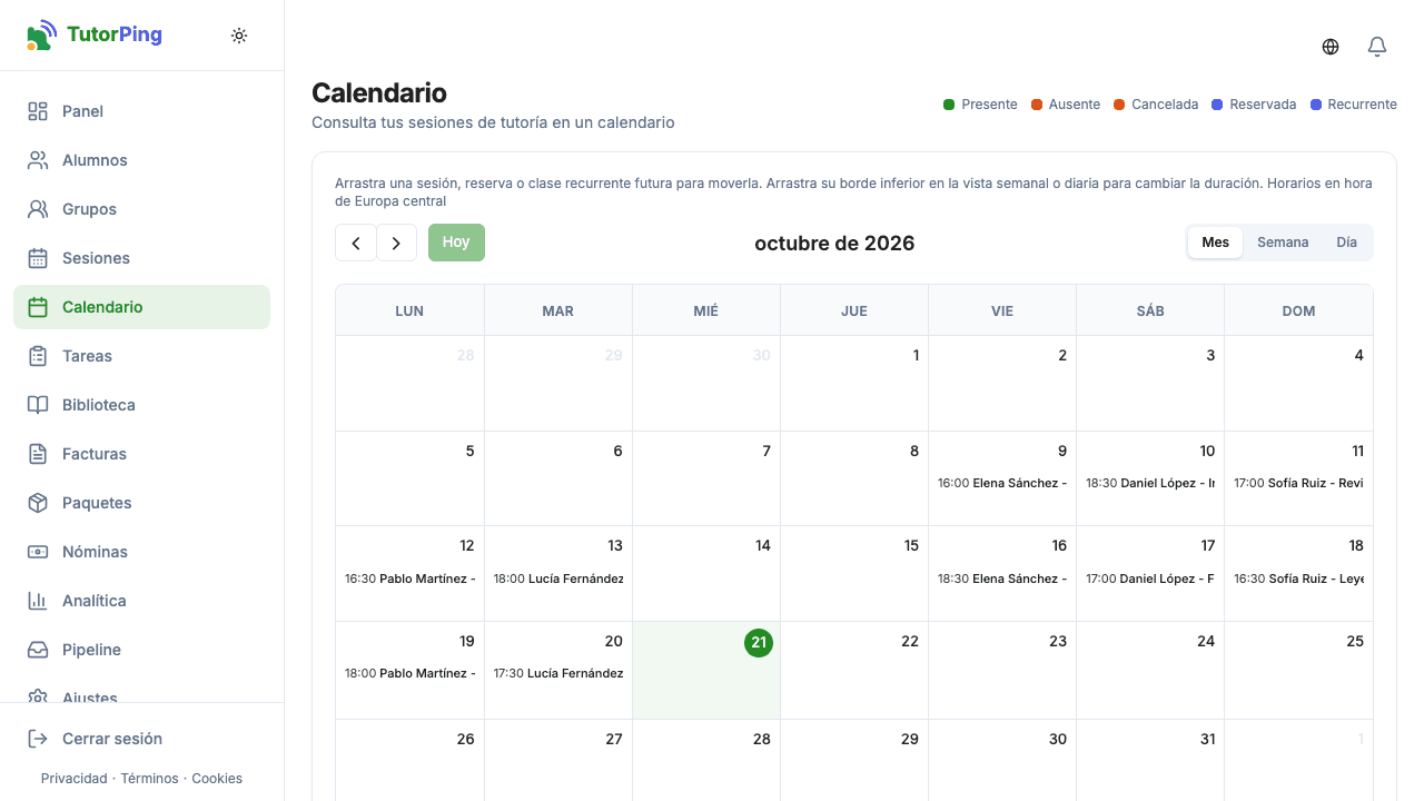 Vista mensual del calendario mostrando sesiones a lo largo del mes