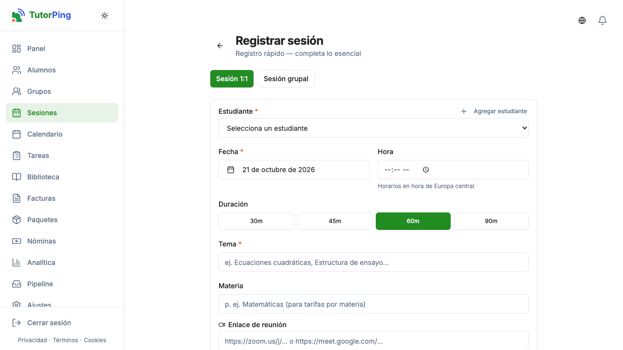 Formulario de nueva sesión con selector de estudiante, fecha, tema, duración y calificación de progreso
