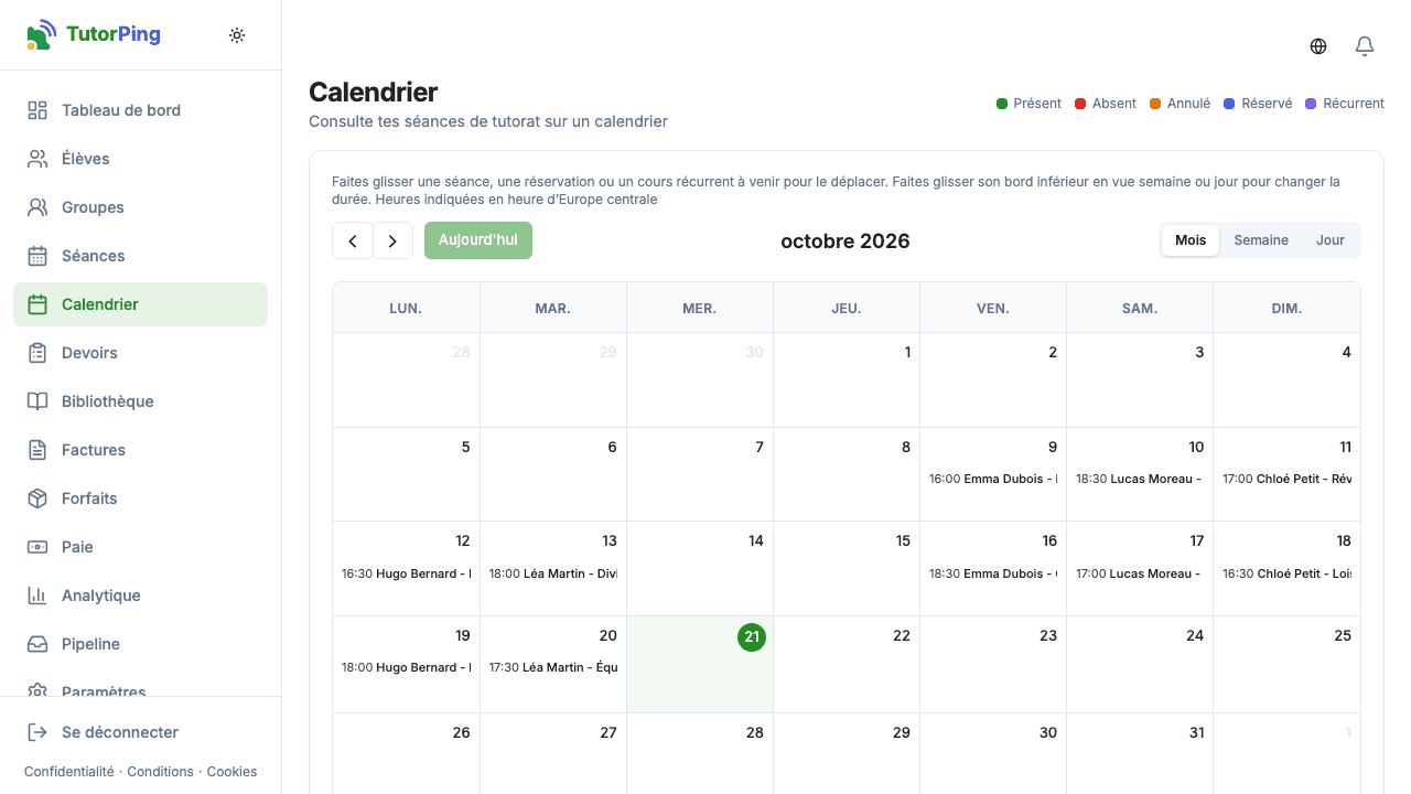 Vue mensuelle du calendrier montrant les séances sur le mois