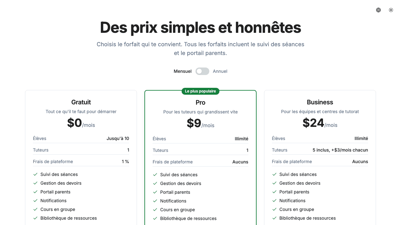 Page de tarification TutorPing montrant les forfaits Gratuit, Pro et Business