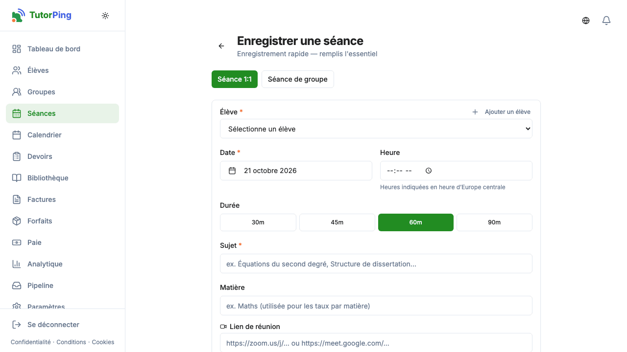 Formulaire de nouvelle séance avec sélection d'élève, date, sujet, durée et note de progression