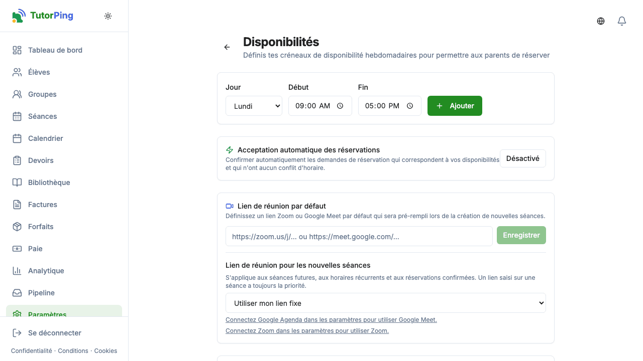 Paramètres de disponibilité montrant le planning hebdomadaire avec créneaux horaires