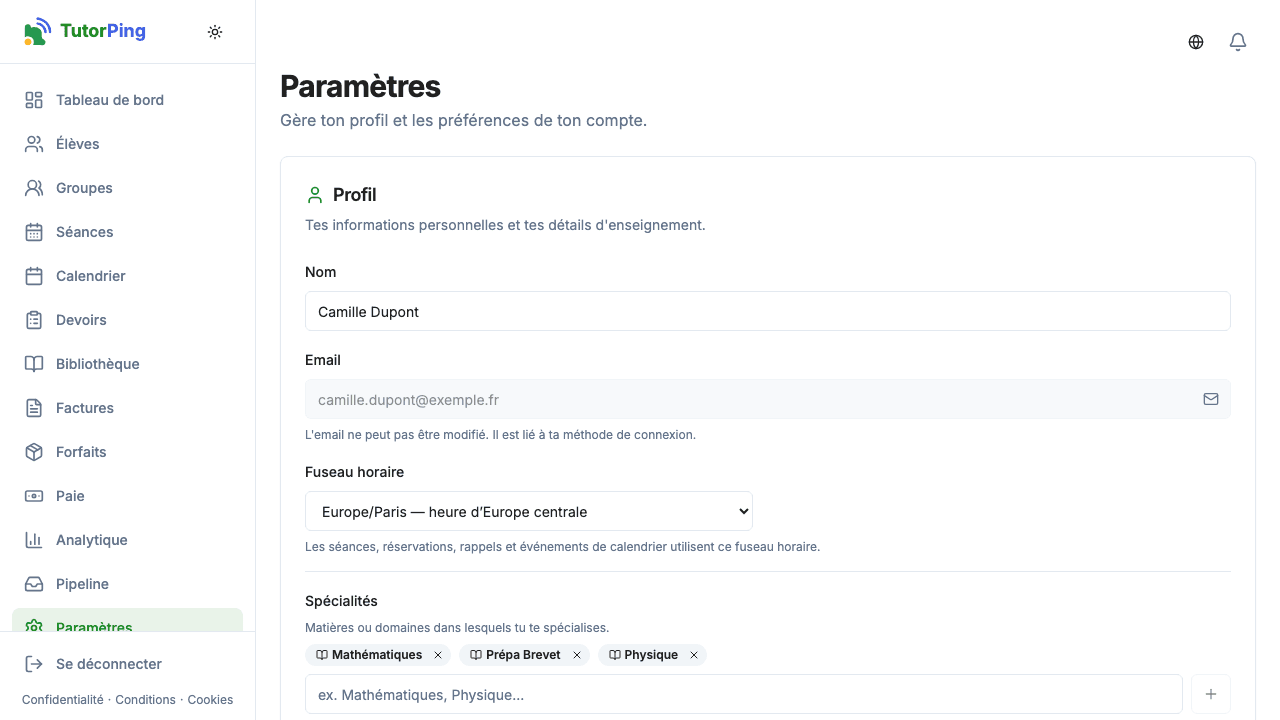 Paramètres du profil montrant nom, courriel, bio, spécialités et photo