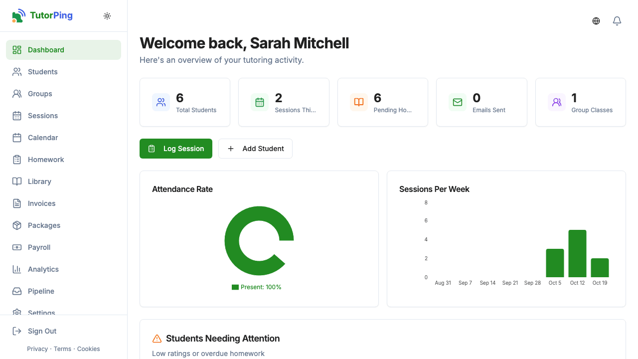 TutorPing dashboard showing key metrics, upcoming sessions, and recent activity