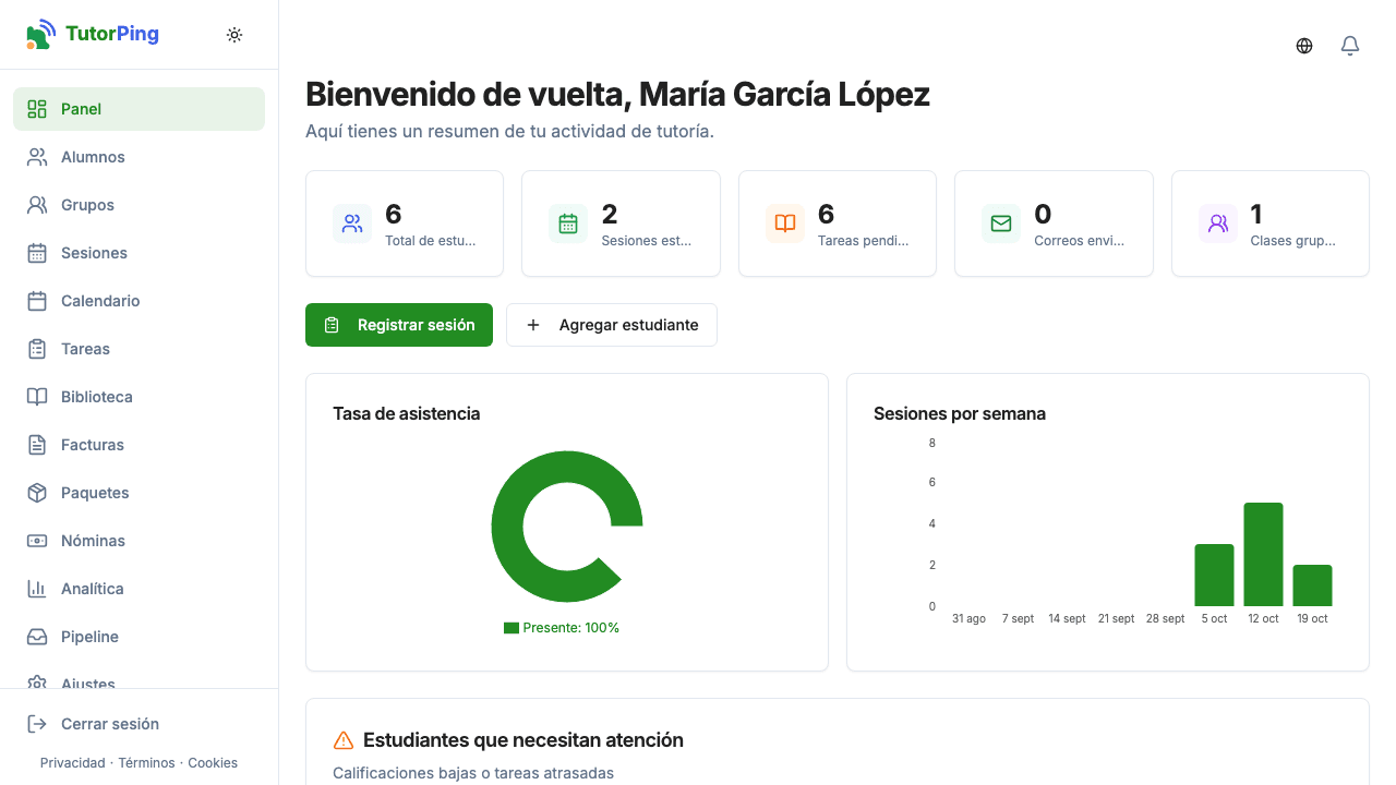 Panel de TutorPing mostrando métricas clave, sesiones próximas y actividad reciente