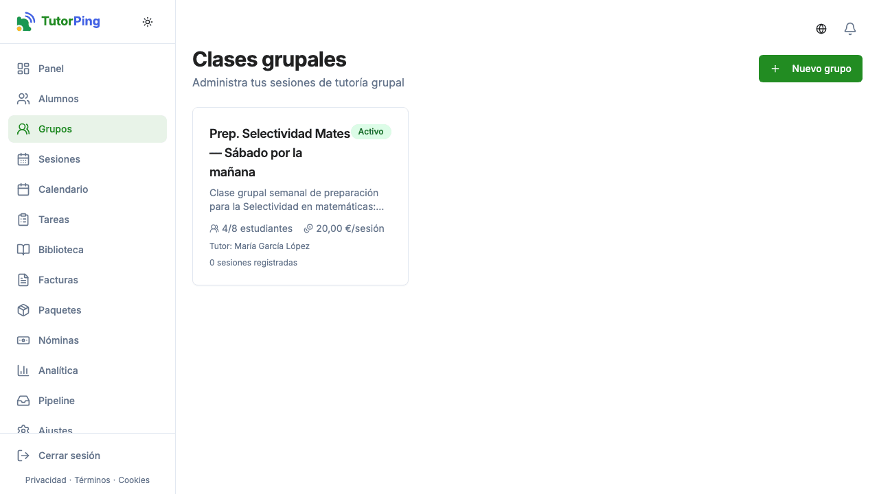 Lista de grupos mostrando nombres, materias, inscripciones y horario