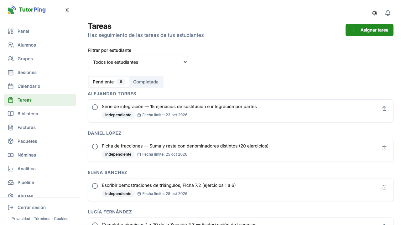 Lista de tareas mostrando título, alumno, fecha de entrega y estado