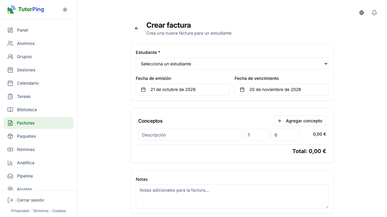 Formulario de nueva factura con alumno, conceptos, impuesto y fecha de vencimiento