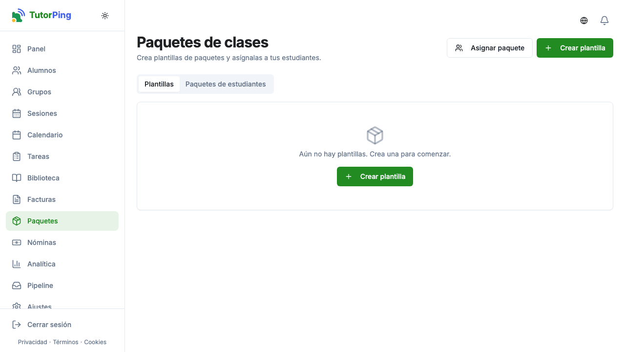 Lista de paquetes mostrando nombres de paquetes, créditos de sesiones y alumnos asignados