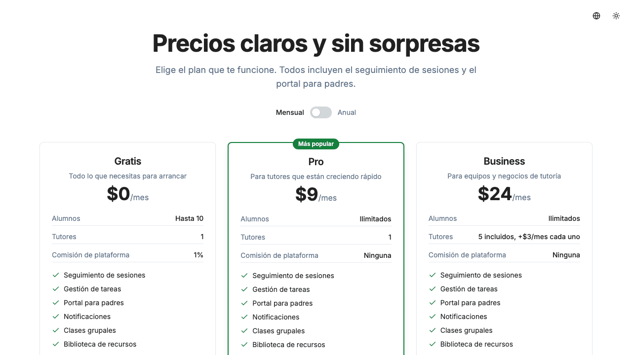 Página de precios de TutorPing mostrando planes Gratis, Pro y Business