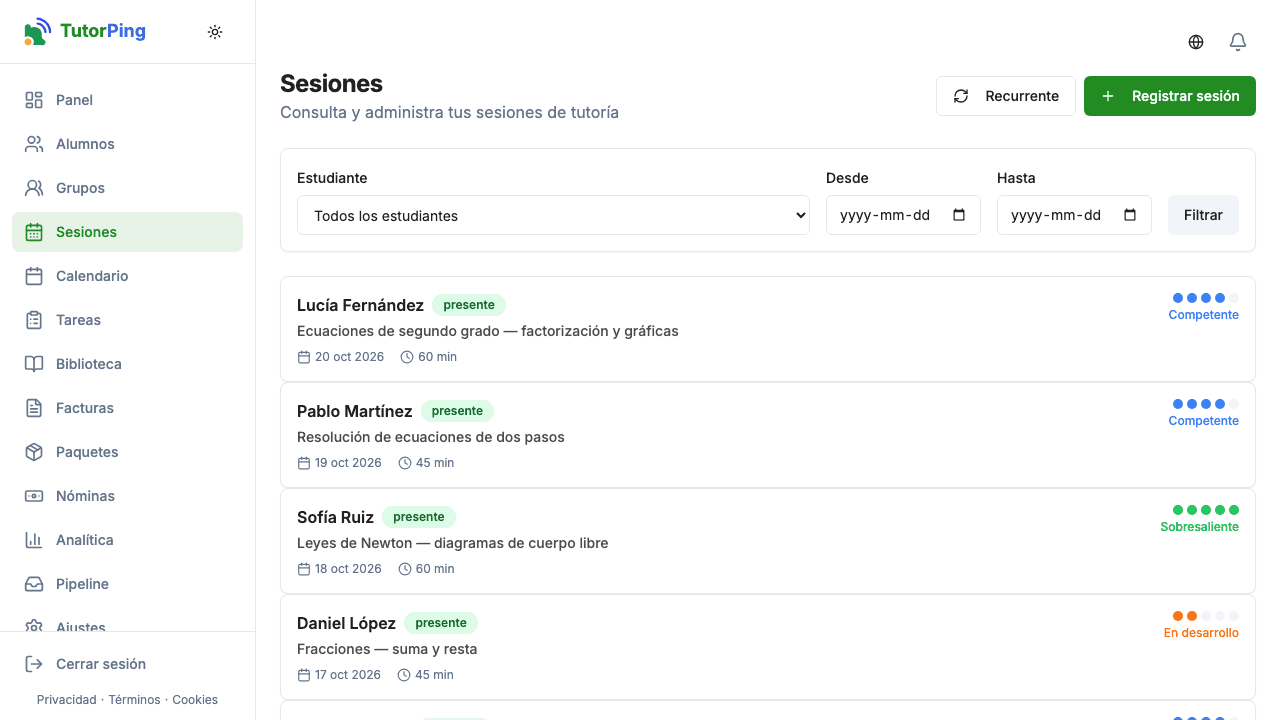 Lista de sesiones mostrando alumno, fecha, tema, duración y calificación de progreso