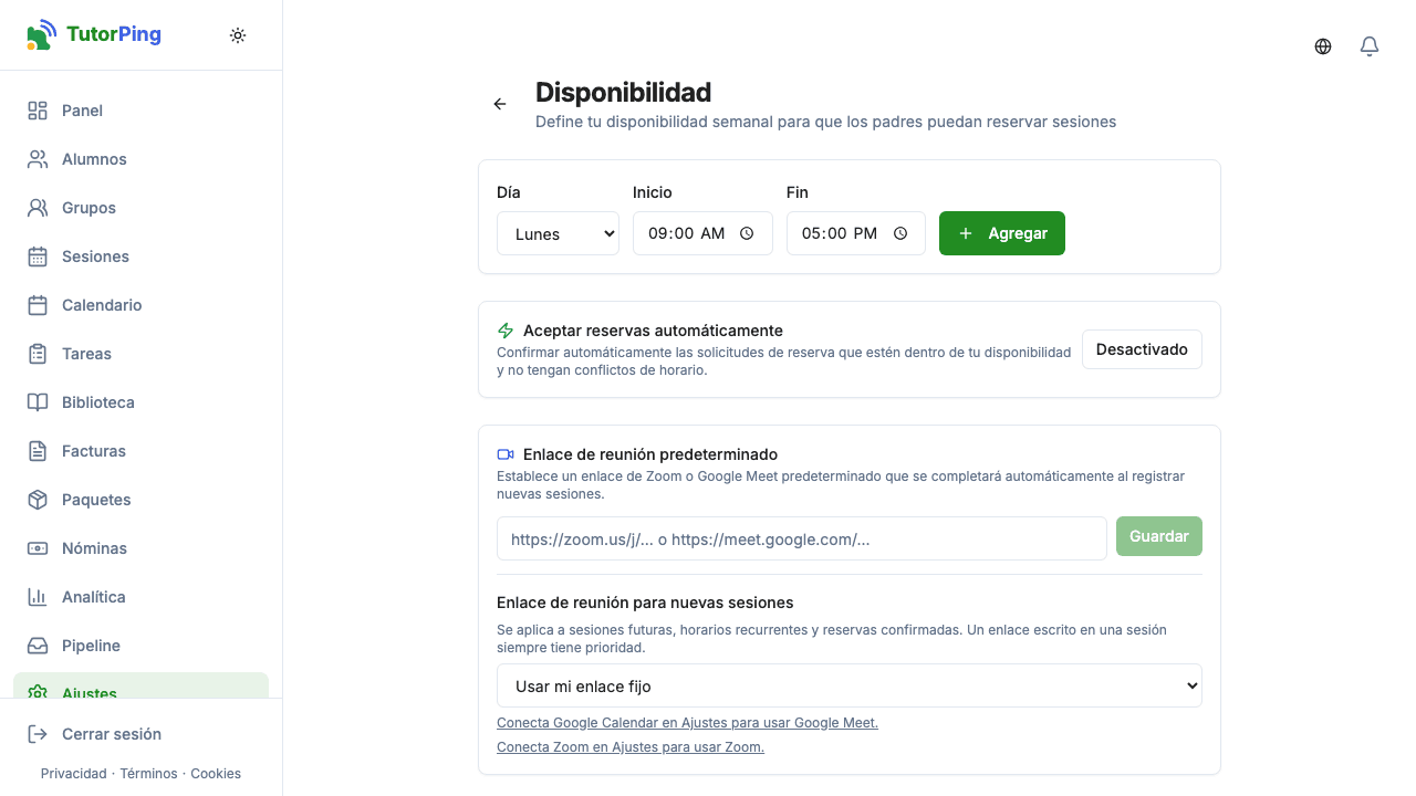 Configuración de disponibilidad mostrando horario semanal con franjas horarias