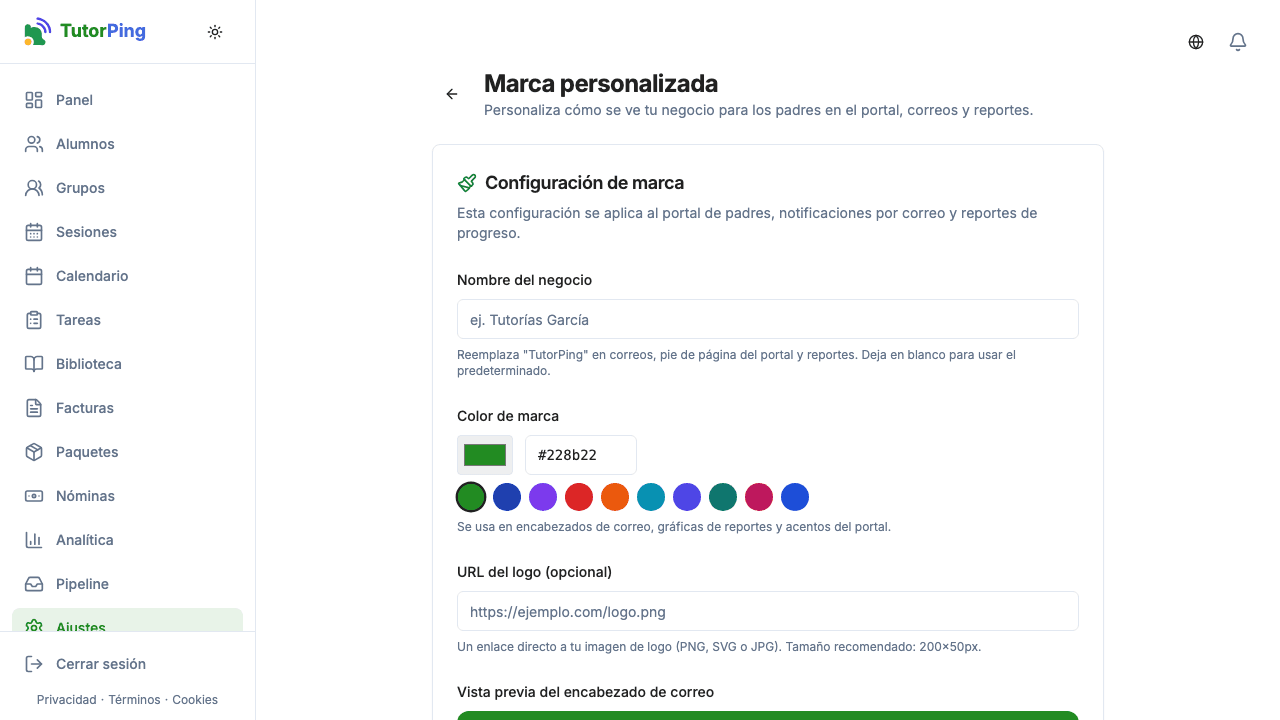 Configuración de marca mostrando subida de logo y selector de color