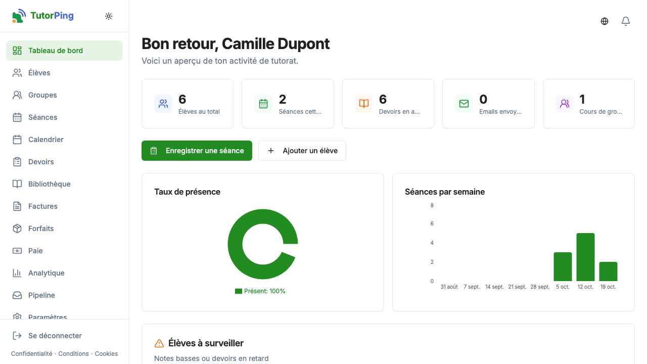 Tableau de bord TutorPing affichant les métriques clés, les prochaines séances et l'activité récente
