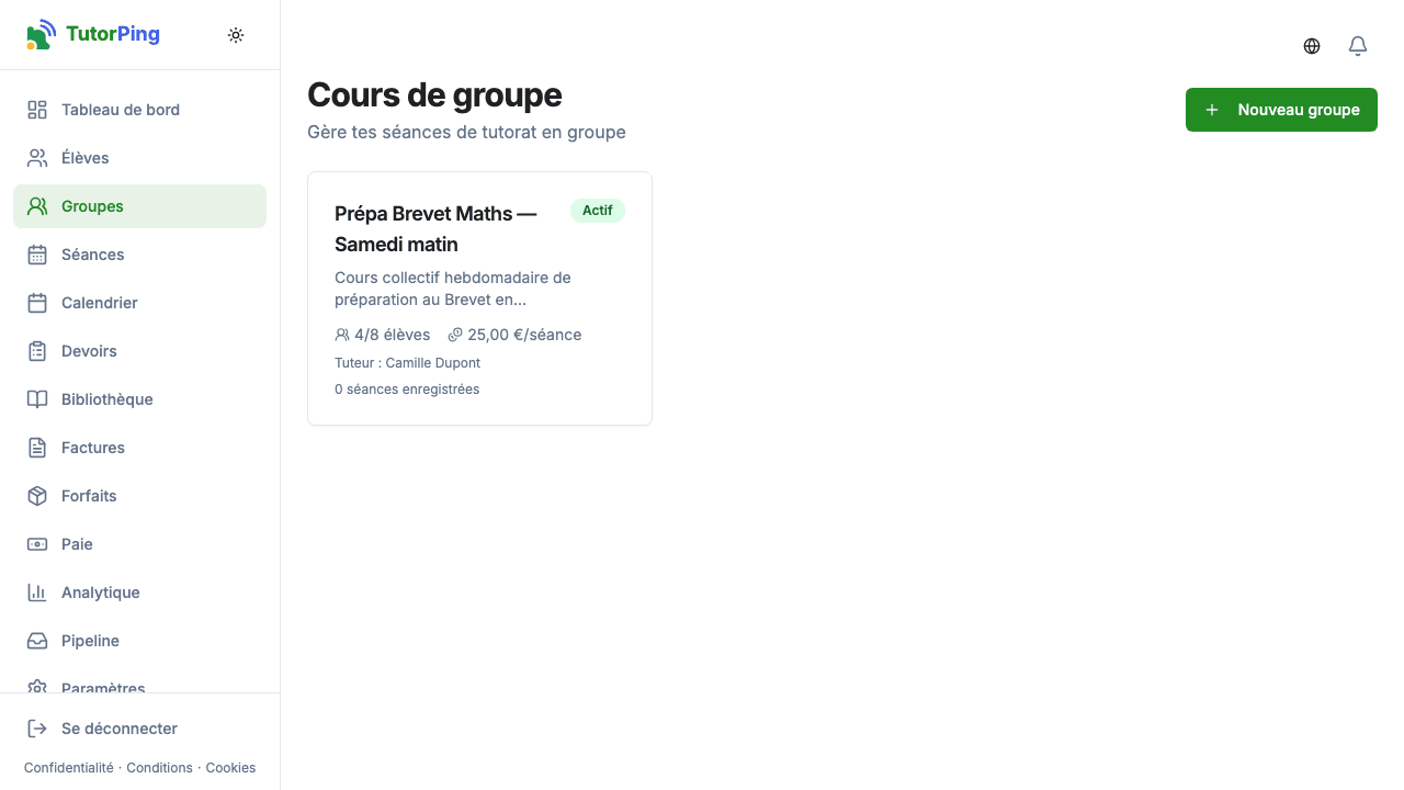 Liste des groupes montrant noms, matières, inscriptions et planning