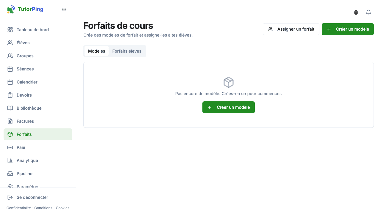 Liste des forfaits montrant noms, crédits de séances et élèves assignés