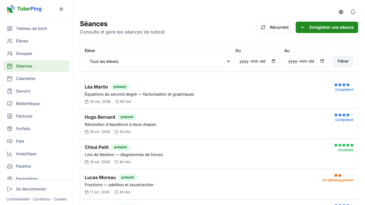 Liste des séances montrant élève, date, sujet, durée et note de progression