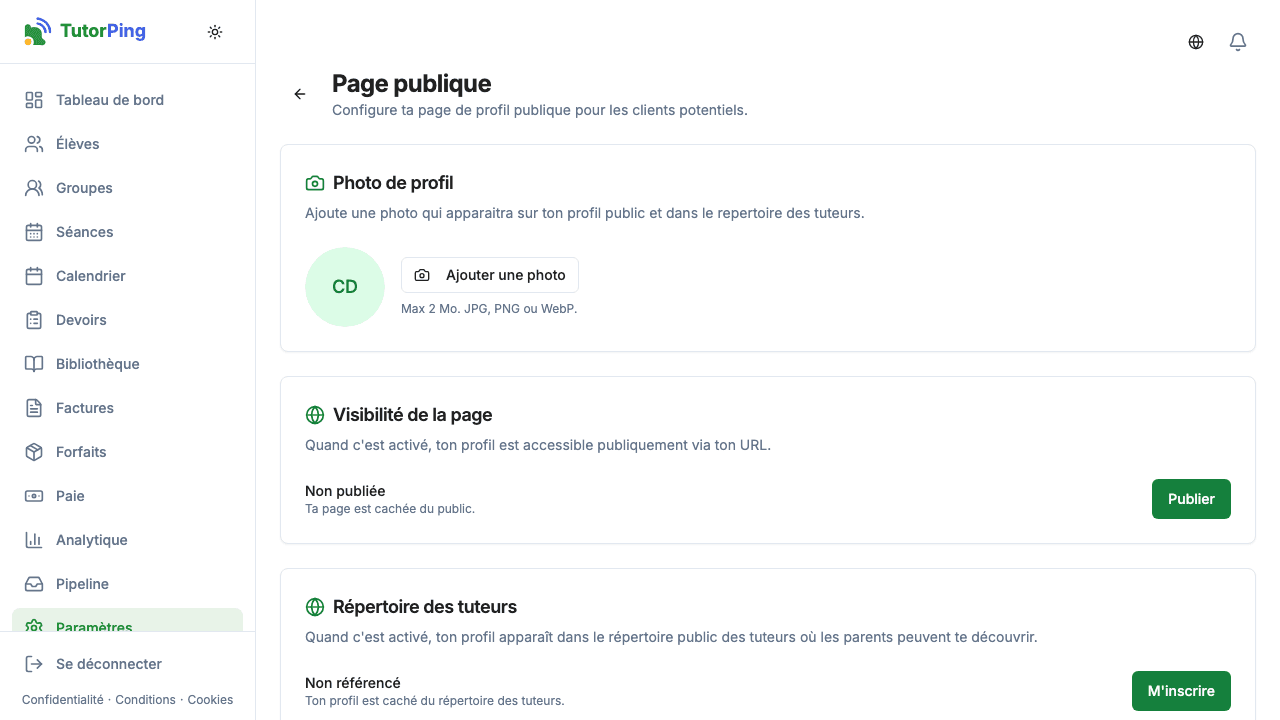 Paramètres de la page publique montrant identifiant URL, bio et bouton d'activation