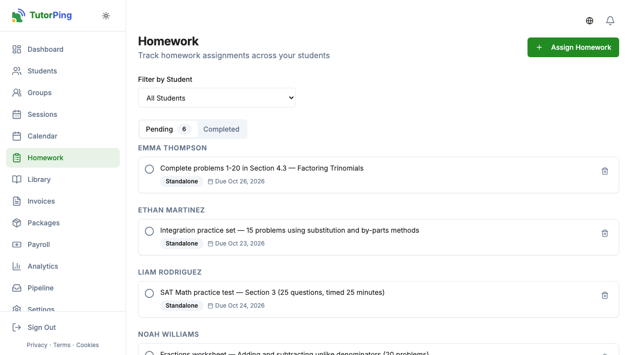 Homework list showing title, student, due date, and status