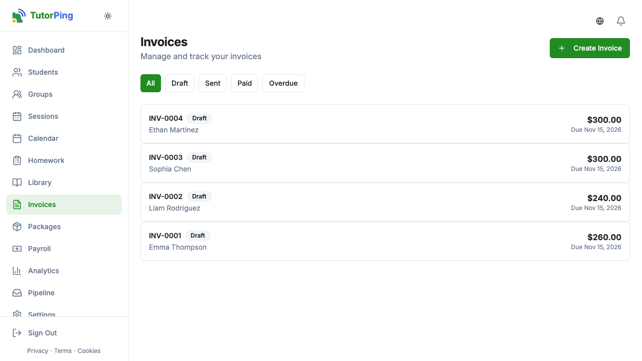 Invoice list showing status, amount, student, and dates