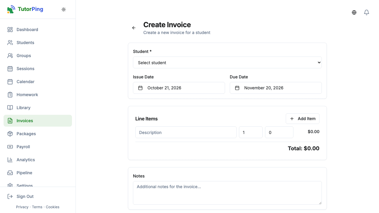 New invoice form with student, line items, tax, and due date