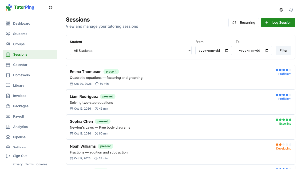 Sessions list showing student, date, topic, duration, and progress rating