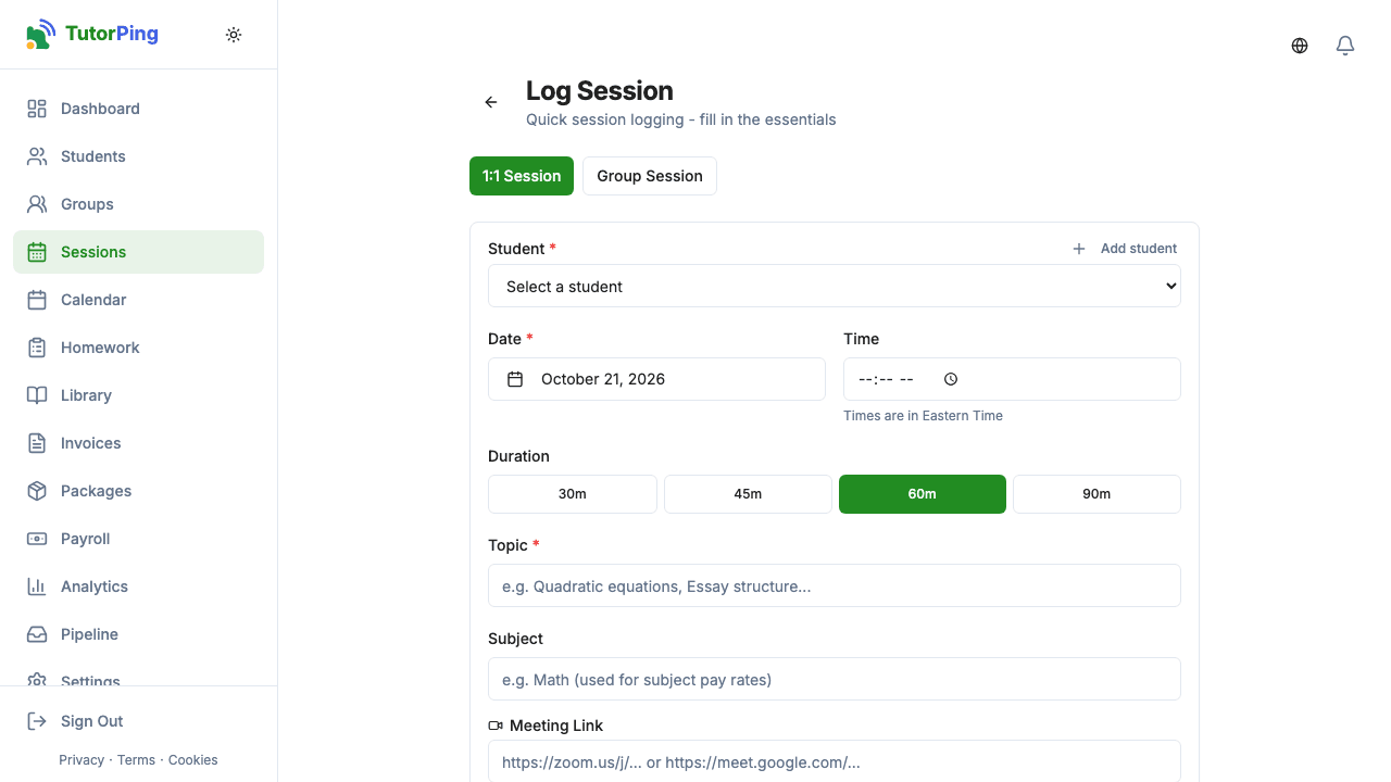 New session form with student selector, date, topic, duration presets, and progress rating